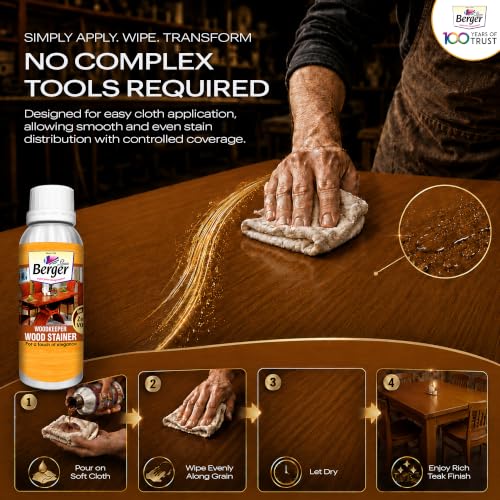 Image of Berger Wood Keeper Teak Wood Stain with Leakproof Bottle & Easy Cloth Application Transparent Solvent-Based Stainer for Home Office Furniture Surfaces Shine and Finish (Pack of 1, 1L)