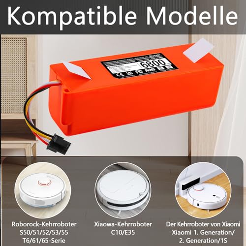 Mucek 14,4V 6800mAh Li-ion Ersatzakku für Xiaomi Roborock S5 S50 S51 S55 S6 S7 T6 E20 E35, Mijia 1. und 2. Generation, Mijia Roboter Staubsauger Ersatzakku Akku