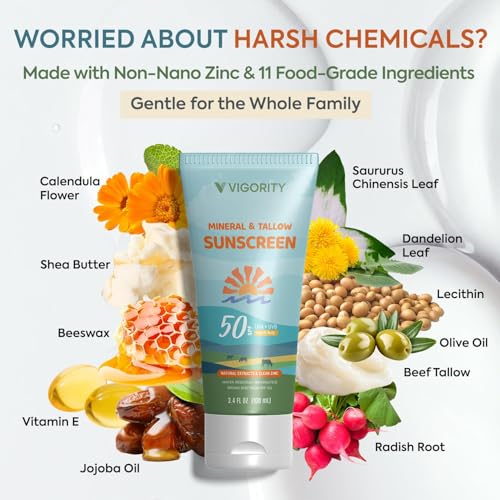 Image of Vigority Tallow Sunscreen SPF 50 for Face & Body - Natural Grass-Fed Beef Tallow, Non-Nano Zinc Oxide - Moisturizing Mineral Sunblock, Non-Greasy & Non-Toxic, Reef Safe for Adults & Kids (3.4 oz)