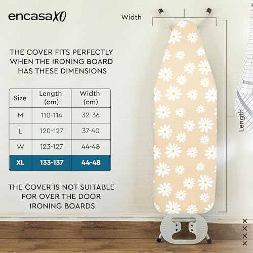 Image of Encasa XO Homes Ironing Board Cover With 3Mm Thick Felt Pad For Steam Press(Fits Standard X-Large Boards Of 135X45 Cm)Heat Reflective,Scorch&Stain Resistant,Printed-Daisy Beige