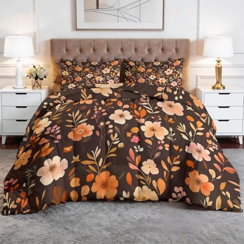 Genérico Edredón Nórdico 220 x 240 cm Plantas Flores Hojas Diseño, Relleno de Ecopiuma 400g/m² – Confort Térmico 4 Estaciones, Antialérgico – Set 3 Piezas Niños y Niñas, Beige