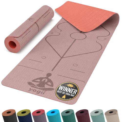 Yogii Yoga Mat - Non-Slip 6mm Thick TPE & Travel-friendly Yoga Mat - Perfect for Home & Gym Exercise Fitness & Pilates - With Laser Alignment Guides (Nude/Old Rose) for Men & Women