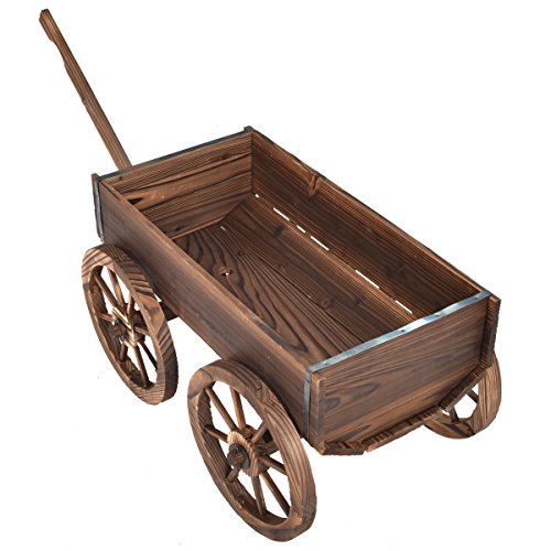 Wood Wagon Flower Planter Pot Stand W/Wheels Home Garden Outdoor Decor New