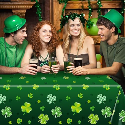 Image of 3 Pack 54 x 108 Inch St. Patrick's Day Plastic Tablecloth - Green with Assorted Shamrock Designs, Disposable Irish-Themed Clover Rectangle Table Cloth for Indoor Outdoor Table Cover Decorations