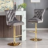 Swivel Bar Stools Chairs Set of 2 Modern Adjustable Counter Height Bar Stools Tufted Velvet Upholstered Stool High Back& Metal Ring for Home Bar Kitchen Breakfast Island, Golden Chrome (2 Pack, Grey)