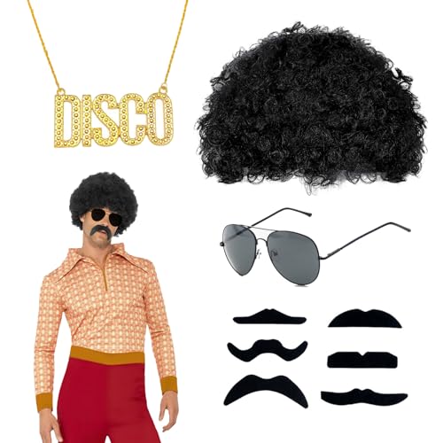 QSZHSL 9 Pcs Ensemble de Costume Hippie, Deguisement Disco Homme, Perruque Afro, Deguisement Annee 80 Homme, Funky Lunettes de Soleil, Fausses Moustaches Auto...