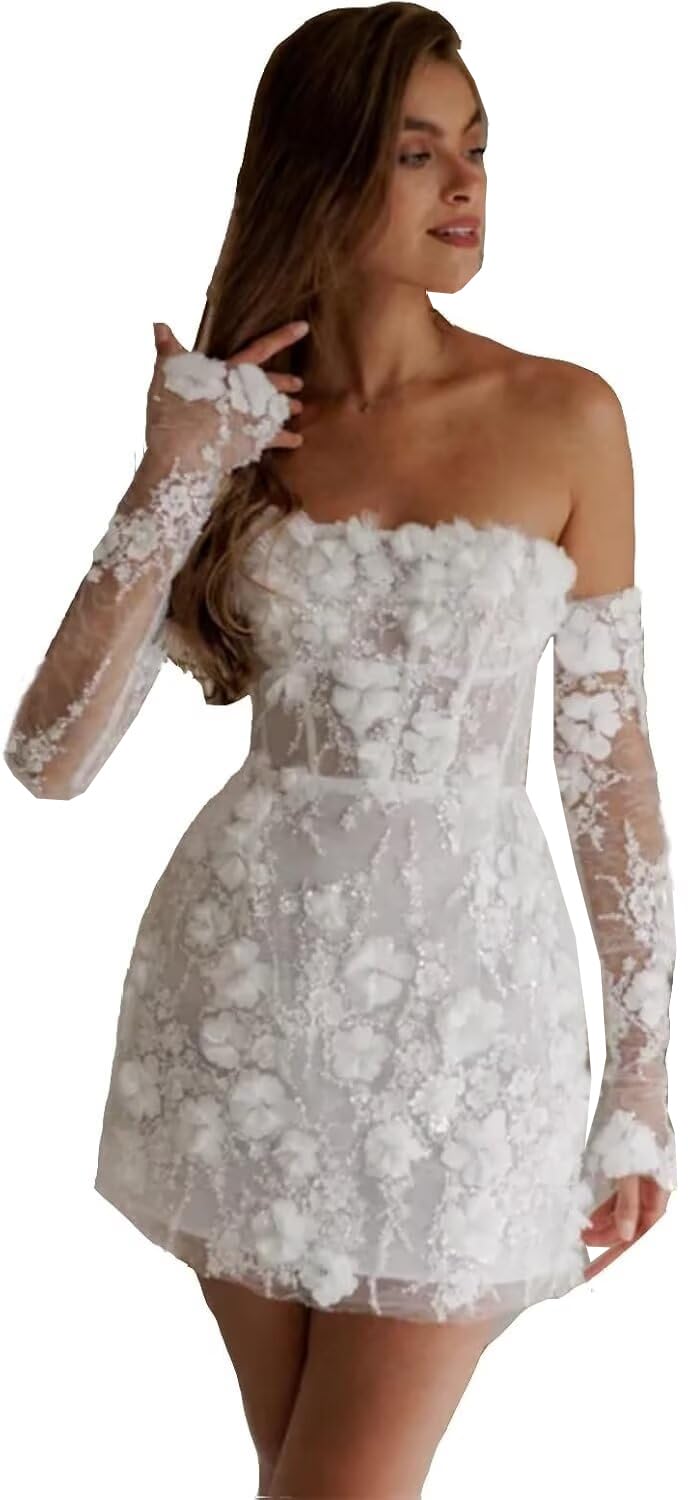 Short Wedding Dresses for Bride 2025 Lace Applique Boho Mini Bridal Dress for Bride Long Sleeve Bridal Shower Gowns