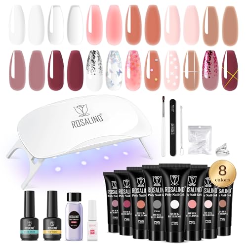 ROSALIND Gel Extensión de Uñas Kit Completo, 8 Colors Mini Uñas de Gel Set con Mini UV Lámpara, Base Top Coat y Herramientas Manicura, Poligel Kit Completo para Profesionales y Salón, Nail Art Set