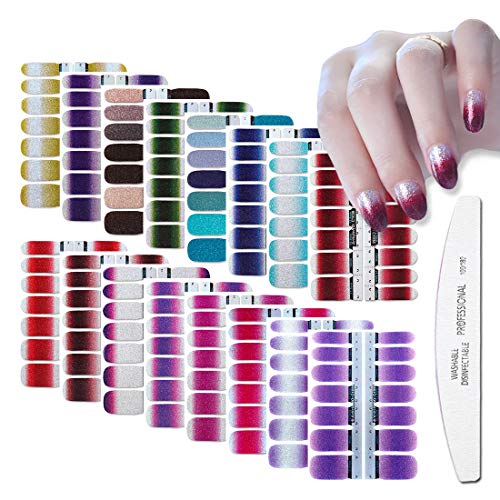 WOKOTO 16 Sheets Glitter Adhesive Nail Polish Wraps Strips Set With 1Pc Nail File Gradient Nail Art Stickers Decals Manicure Kit