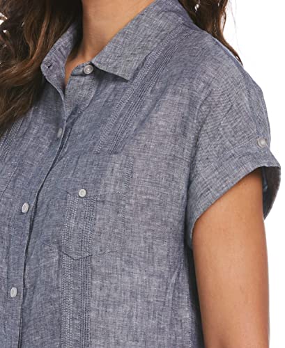 Cubavera Womens Two-Tone Two-Pocket Short Sleeve Linen Guayabera Dress, Indigo, Large Us #TOP2