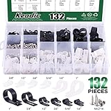 Keadic Cable Clamp 132 Pack Nylon R-Type Cord Fastener Clips Assortment Kit White and Black with 135 Pack Stainless Steel Screws, Great for Wire Management
