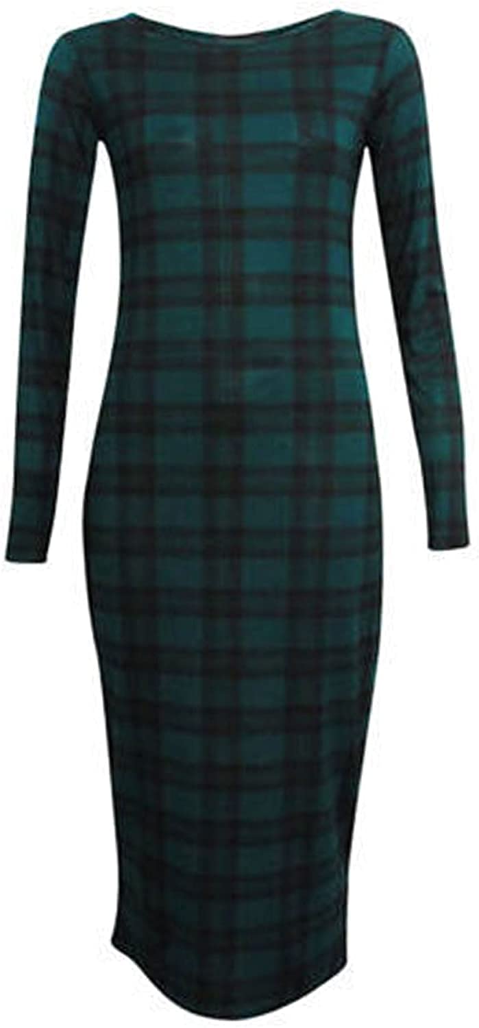 Wearall Women's #Tartan Green Plus Size Plain Long Sleeve Bodycon Stretch Midi Dress - Tartan Green 24-26