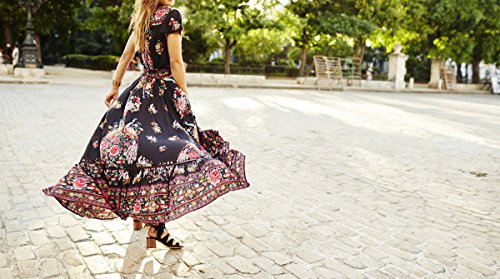 R.vivimos Women's Summer Vintage Floral Print Deep V Neck High Low Long Dresses (Medium,Black) #TOP3