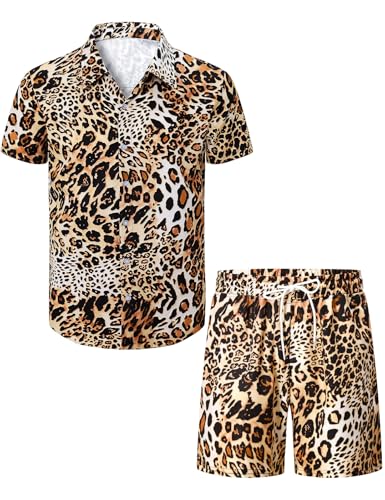 COSAVOROCK Chemise et Short Imprimé Léopard pour Homme 2 Pièces Outfits Hawaïenne Casual Shirt, Marron, L