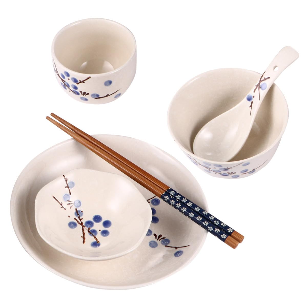 Angoily Service de Vaisselle Japonerie Personne 6 Pièces en Céramique et Bois Bleu, Design Fleur de Prunier, Pratique et Finition Soignée