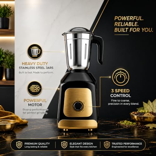 Image of Electrofox PowerMax Mixer Grinder 750 watt with 3 Stainless Steel Jars | Heavy Duty Motor | Mixer Grinder for Kitchen with 3 Speed Control & Pulse Function 4 Years Warranty (Black & Golden)
