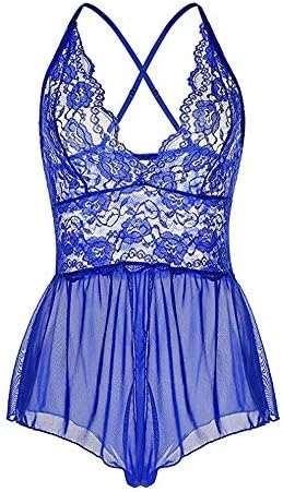 Women's Lingerie SpicyIzzy Open Crotch See Through Underwear One Piece V-String Lace Mess Crotchless Miniskirt Undergarment Babydoll Dress Plus Size (M, Blue)