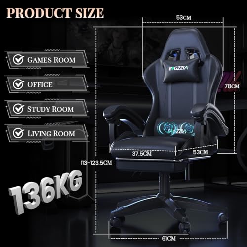 Racingreat Gaming Chair with Massage & Footrest | High-Back Ergonomic Chair | Adjustable Lumbar Support & Headrest for Office & Home (Black) - Image 4