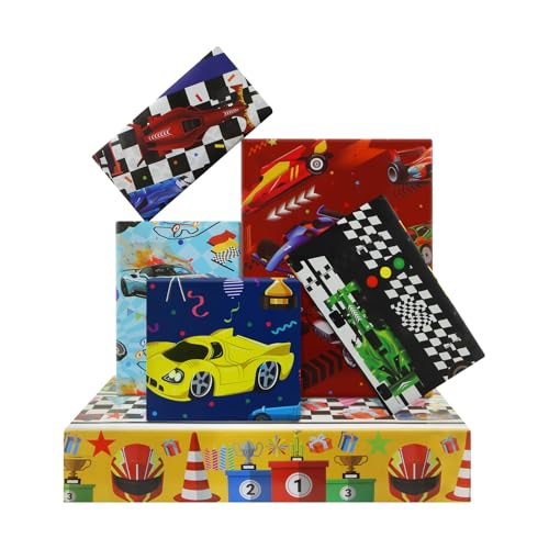 Papier cadeau enfant motif voiture de course - Lot de 6 feuilles 50x70cm