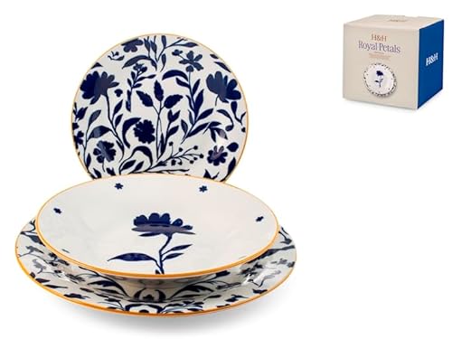 H&H Servizio Tavola Royal Petals in Porcellana Decorata 18 Pezzi – 6 Piatti Piani 27 cm, 6 Fondi 27 cm, 6 Frutta 19 cm Forma Ala – Idoneo Lavastoviglie e Microonde