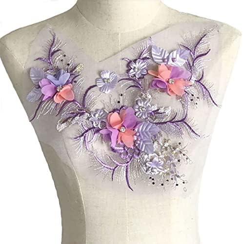 Liveish Flower Fabric Beaded Lace Applique, Embroidered Flower Fabric Patch for Dresses, Bridal Dress, Hand-Beaded Sewing Tool for DIY Neckline Bodice Pants(Purple)
