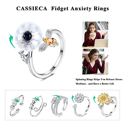 CASSIECA 6 Pezzi Fidget Anxiety Ring Anello da Donna Zircone Fiore Perline Antistress Anelli Fascia Spinner Anelli Pace Fidget Ansia Anelli Aperti Set Anelli Impilabili Regolabili