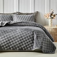 WARMDERN Grey Velvet Quilt Set Queen Size, Luxury Geometric Check Pattern Quilts Set, Soft Lightweight Bedspread & Coverlet, 3PCS Milk Velvet Bedding Set with 2 Pillow Shams for All Season, 90" x 96"