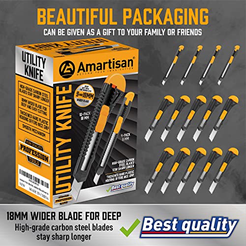 Image of Amartisan 14-Piece Retractable Box Cutter, Utility Knifes for Boxes, Cartons, Cardboard Cutting, 18mm & 9mm Wide Blade Cutter, Very Suitable for Office and Home Use. (Pack of 4)