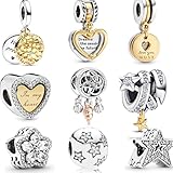 9 Pack Silver Bead Charms for Bracelets and Necklaces Charm for Woman Cubic Zirconias Dangle Pendant Jewelry Beads Set (B)