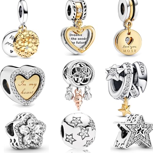 9 Pack Silver Bead Charms for Bracelets and Necklaces Charm for Woman Cubic Zirconias Dangle Pendant Jewelry Beads Set (B)