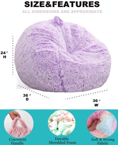 Image of Fluffy Bean Bag Chair, 3FT Round Memory Foam Filled Bean Bag for Teens & Kids, Ultra Soft Faux Fur Fabric Bean Bag Chairs for Playroom, Living Room, Bedroom, Lavender