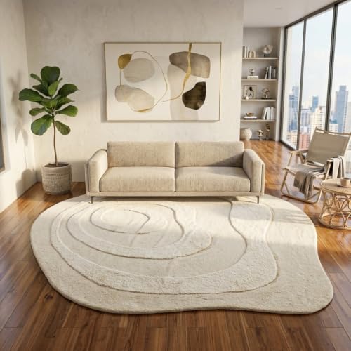 Image of Hand Tufted Wool Rug 6x8 Ft - Modern Irregular Shape Aesthetic Carpet, 1 Inch Thick Pile, Anti-Skid Backing, Soft Handmade Woolen Area Rug for Living Room, Bedroom, Hall Decor