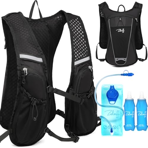 Zelnff Mochila de hidratación con vejiga de 2 l, chaleco para correr, hombre y mujer, ultraligera, mochila para correr, maratón, jogging, ciclismo (con 1 burbuja y 2 botellas blandas)
