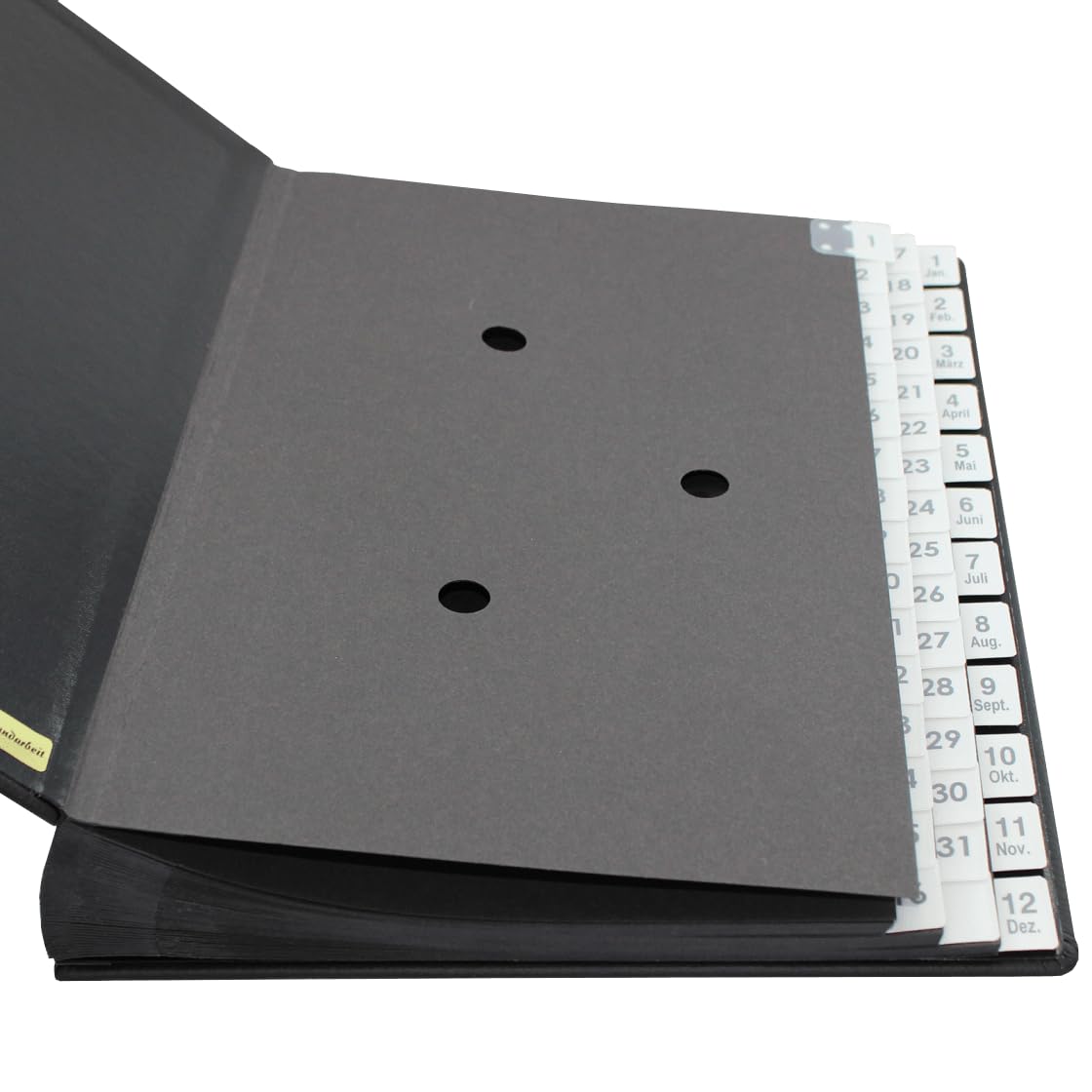 Raccoglitore con registro 1-31 plus 1-12 (gen-dic) in pelle bovina grana nera, adatto per DIN A4, copertina morbida con dorso elastico