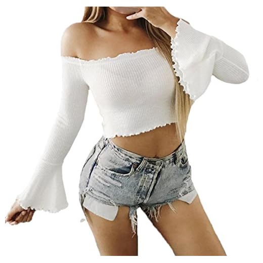 ZhiWanTing T Shirt Top Damen Sexy Sommer Oberteile Bauchfrei Langarm Bustier Schulterfrei Cropped Shirt Wei? M
