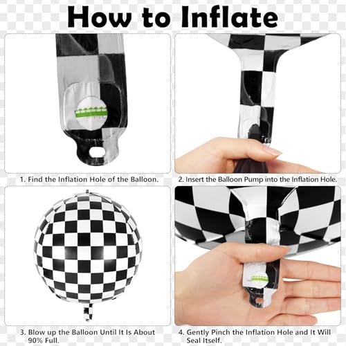 Image of 12 Pcs Checkered Balloons, 22 Inch Checkered Round Foil Balloons, Black and White Checkerboard Mylar Sphere Balloons for Race Car Birthday Party Decorations Supplies (12 Pcs)