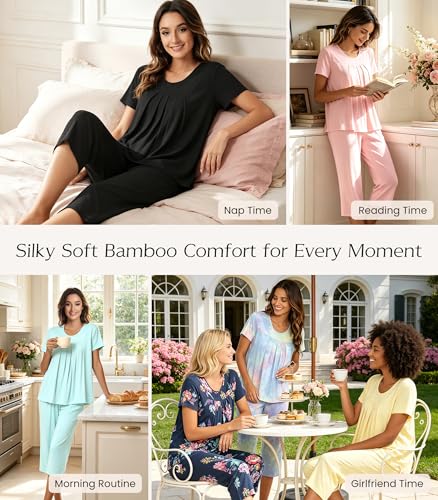 Image of NACHILA Pajamas for Women-Viscose Made from Bamboo,Short Sleeve Sleepwear Cooling Pjs Top Ladies Soft Capri Pants Pajama Sets