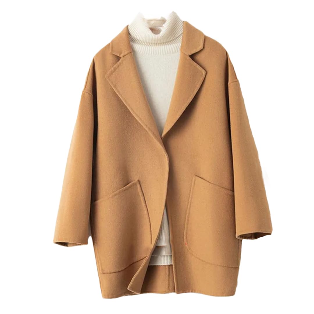Hdhdeueh Abrigo de lana de doble cara para mujer, manga larga, mezcla de lana, chaqueta con cinturón