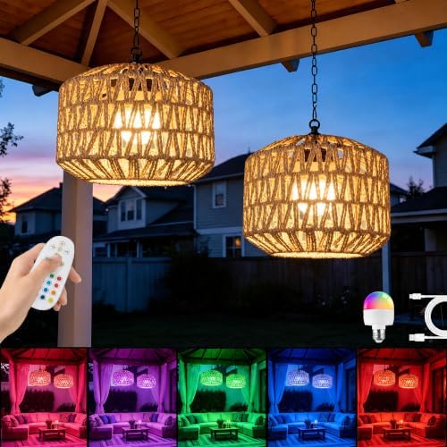 All Fortune Rechargeable Hanging Pendant Lights, 7.8" 2 Pack Battery Operated Outdoor Chandelier with Remote, Wireless No Wiring for Patio, Gazebo, Porch Decor