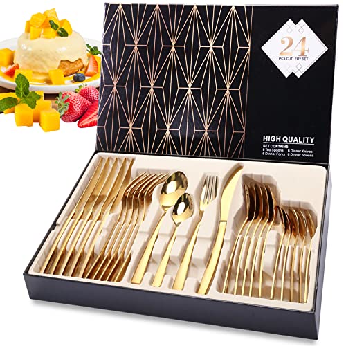 Golden Besteck Set 6 Personen, 24 Stück Edelstahl Besteck Set, Messer Gabel Löffel mit Geschenkbox, Essbesteck für Familie/Party/Hotel/Restaurant, Hochglanzpoliert & Einfach zu Reinigen