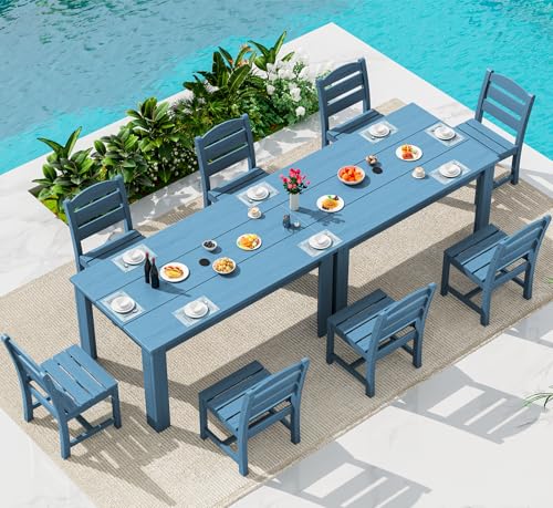 Image of SERWALL 59 inch Outdoor Dining Set for 8, HDPE Dining Set, Blue