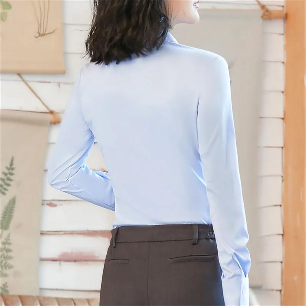 Women Long Sleeve V-Neck Shirt Solid Color Button Down Shiart Office Ladies Formal Slim Blouses