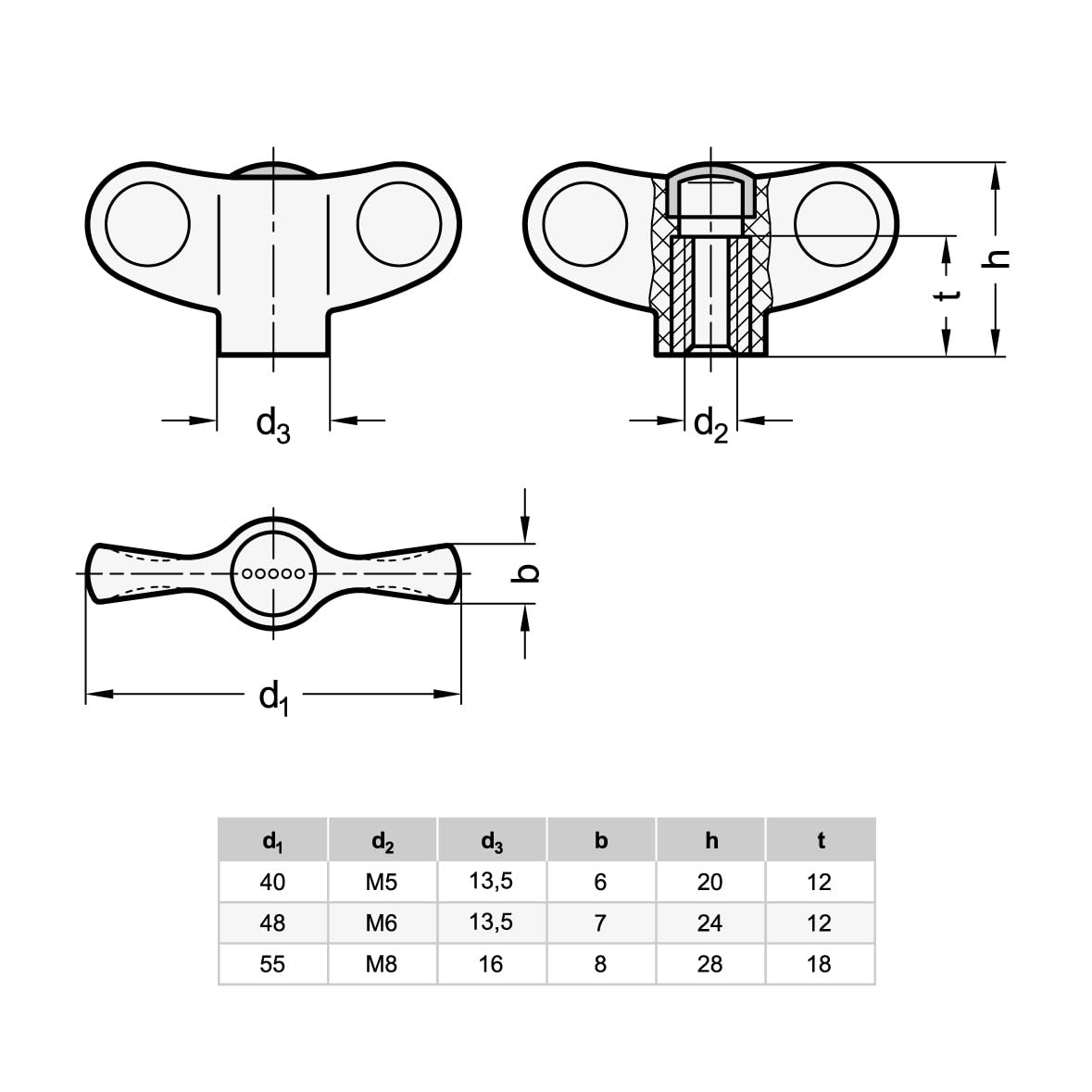 Ganter Normelemente Dado ad ala GN 634-40-M5-E-DSG | 4 pezzi | maniglia ad ala | plastica nera | filettatura M5
