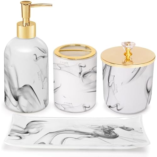Haturi Bathroom Accessories Set, 4 Pcs Marble Look Sets Soap Dispenser & Toothbrush Holder Counter Top Restroom Apartment Decor Stuff, Glass Kits, Gift for Women and Men, Ink White