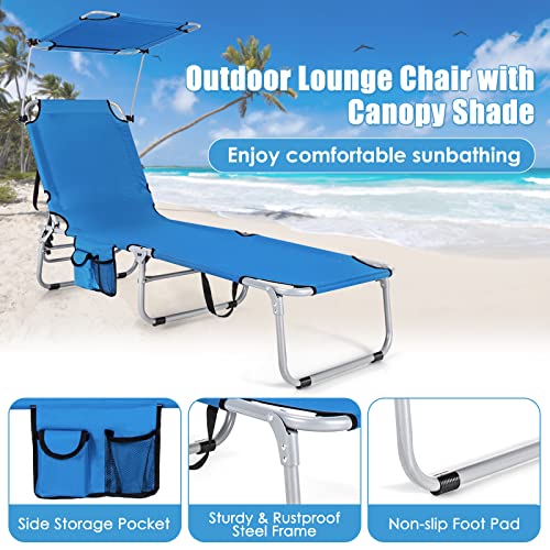 Gymax Tanning Chair, Beach Lounge Chair With Canopy Sunshade, Carry Handle & Pocket, 5 Level Adjustable Layout Chaise Lounge For Outside, Folding Sunbath Chair For Outdoor, Patio, Poolside (1, Blue) #TOP6