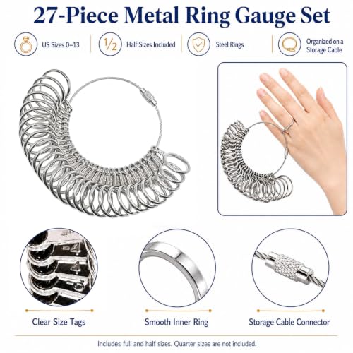 Image of Ring Mandrel Sizer Metal Jewelry Measure Size 1-13 with Rings Finger Gauge Set of 27 Pcs Circle Models Jewelers Sizers Tools