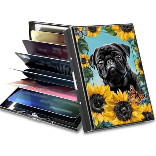 BWEGRHE Slim Credit Card Holder, Sunflower Pug RFID Blocking Metal Wallet for Men & Women, Aluminum Minimalist Hard Case Pocket-Sized Business Cards Organizer (Fits Up to 10 Cards)