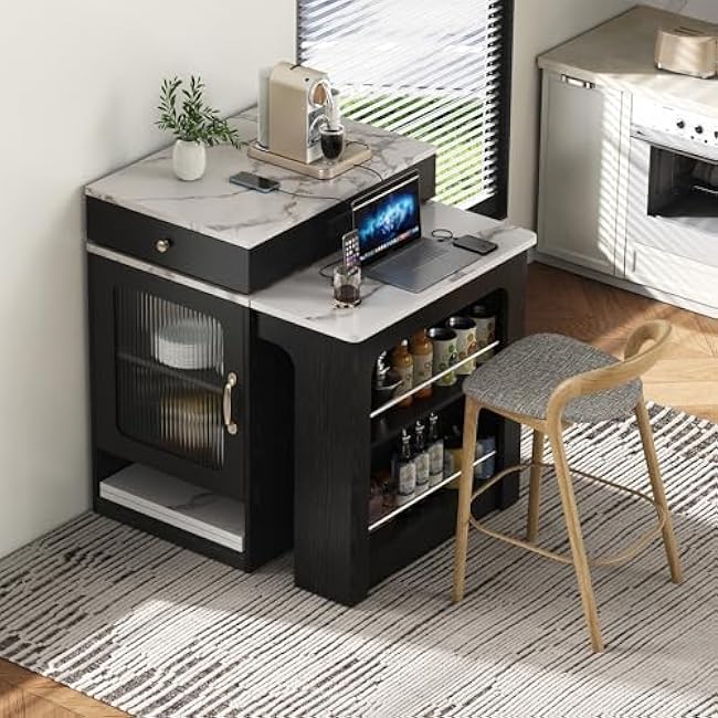 59.5 Kitchen Island with Extendable Dining Table, Double-Sided Storage & Power Outlet, 2 Drawers, Side Open Shelves, Mobile Kitchen Cart for Dining Room,Black-Ea6giKCQ