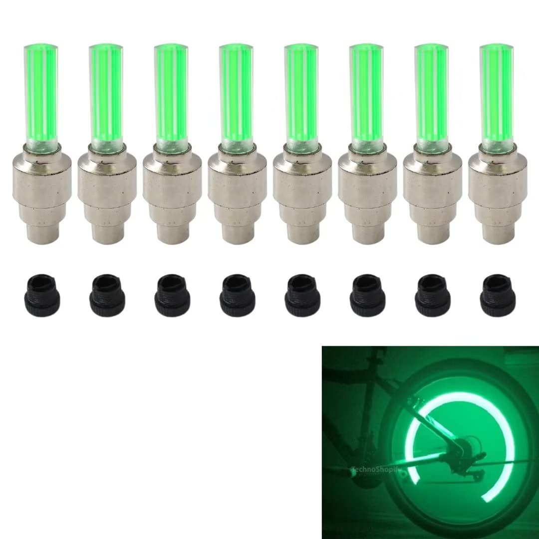 8Pack New Version Car Auto Flash Lights LED Car Bike Wheel Tire Tyre Valve Dust Cap Spoke Car Valve Stem Car Lights Hub Lamp Car Accessories (Cylindrical, Green)