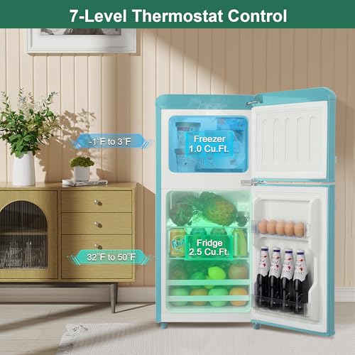 Image of Retro Mini Refrigerator with Freezer 3.5 Cu. Ft. with 7-Level Adjustable Thermostat, Vintage Small Fridge with Freezer for Apartment, Compact Retro Fridge for Office, College, RV, Mint Blue
